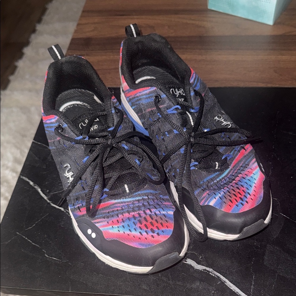 Ryka Women's Black Knit Sneakers with Pink and Blue Accents